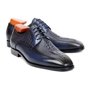 Premium Men's Formal Shoes Blue  Wedding Handmade Crocodile Pattern Cowhide Leather Italian Style Dress Shoes Big Size 48