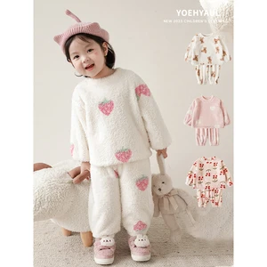 YOEHYAUL Girls Winter Casual Homewear Set Children's Vitality Cute Cartoon Plush Round Neck Pajamas Two-piece Set
