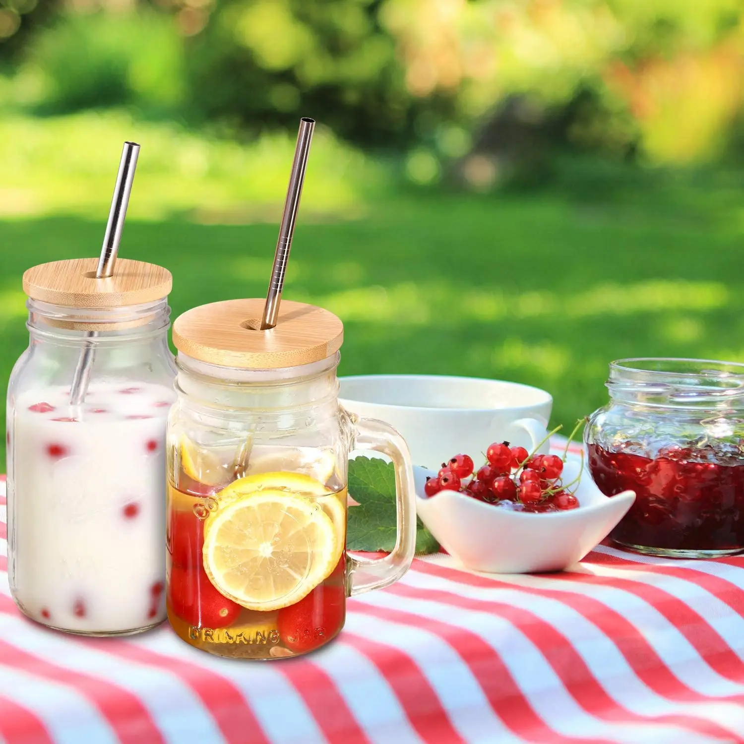 TRUSBER 4 Pack Reusable Bamboo Regular Mouth Drinking Lids with Straw Hole  and Straw for Mason Jar (JAR NOT INCLUDED)