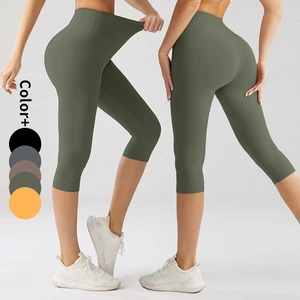 High-Waist Woman Capri Pants 3/4 Length Fitness Crop Leggings Embroidered Logo Breathable Knitted Printed Seamed Techniques