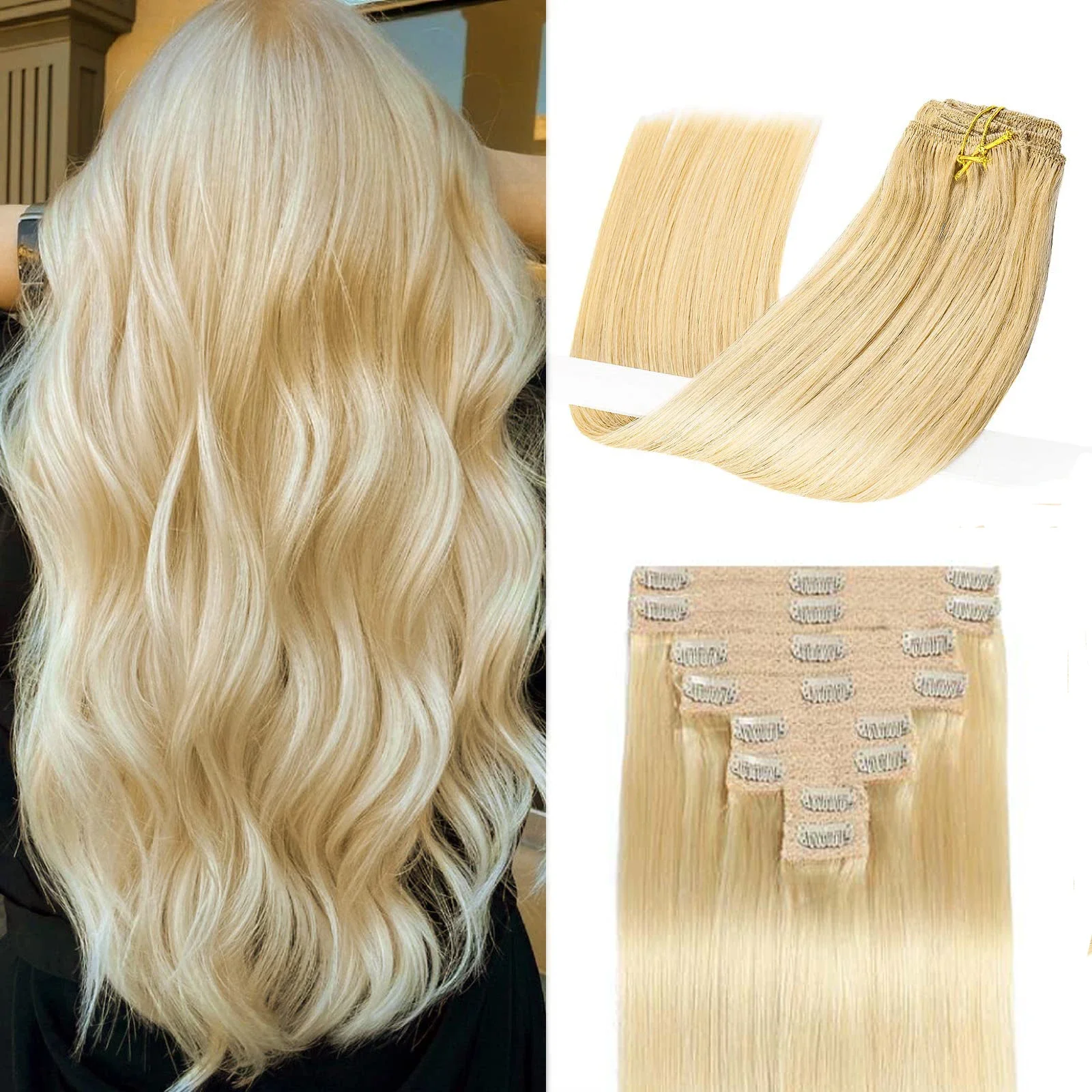 Gebleichte blonde Clip-in-Haarverlängerungen aus Echthaar, 8-teilig/Set für Frauen_voghion.com