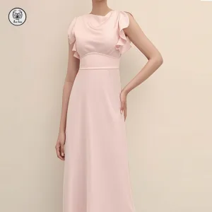2026 New Summer Maxi Women Dress Factory Wholesale Elegant Sexy Flutter Sleeves Crew Neck Empire Waist Zipper Sweet Style