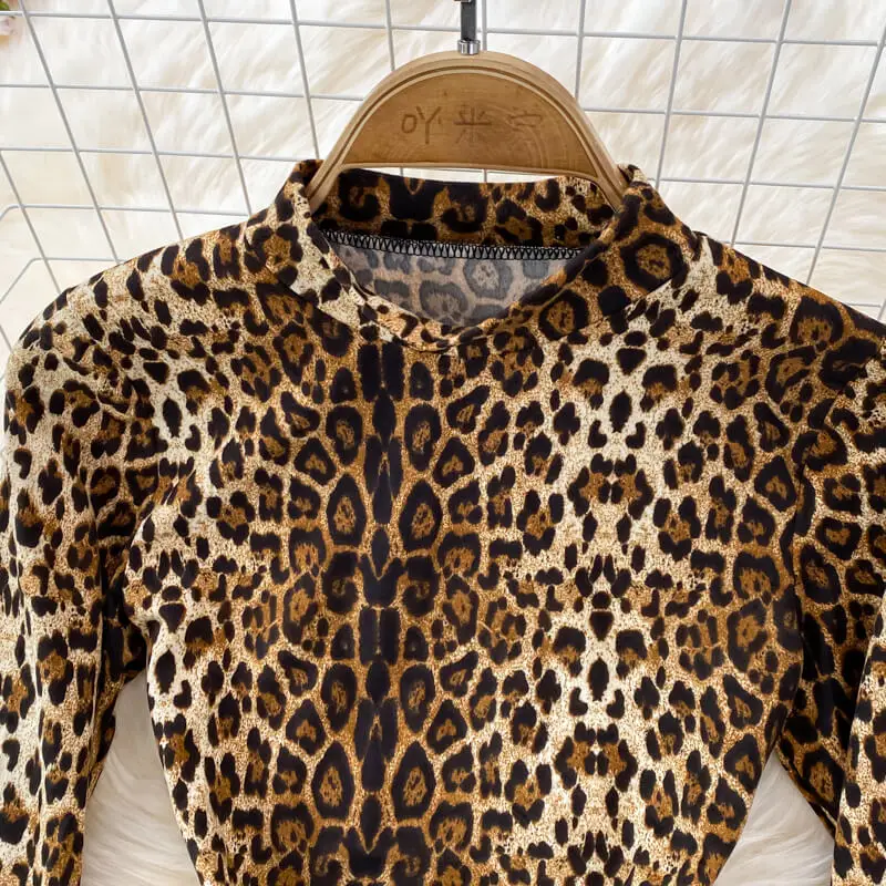 Sexy Leopard Print Standing Neck Women's Long Sleeve Tight Stretch ...