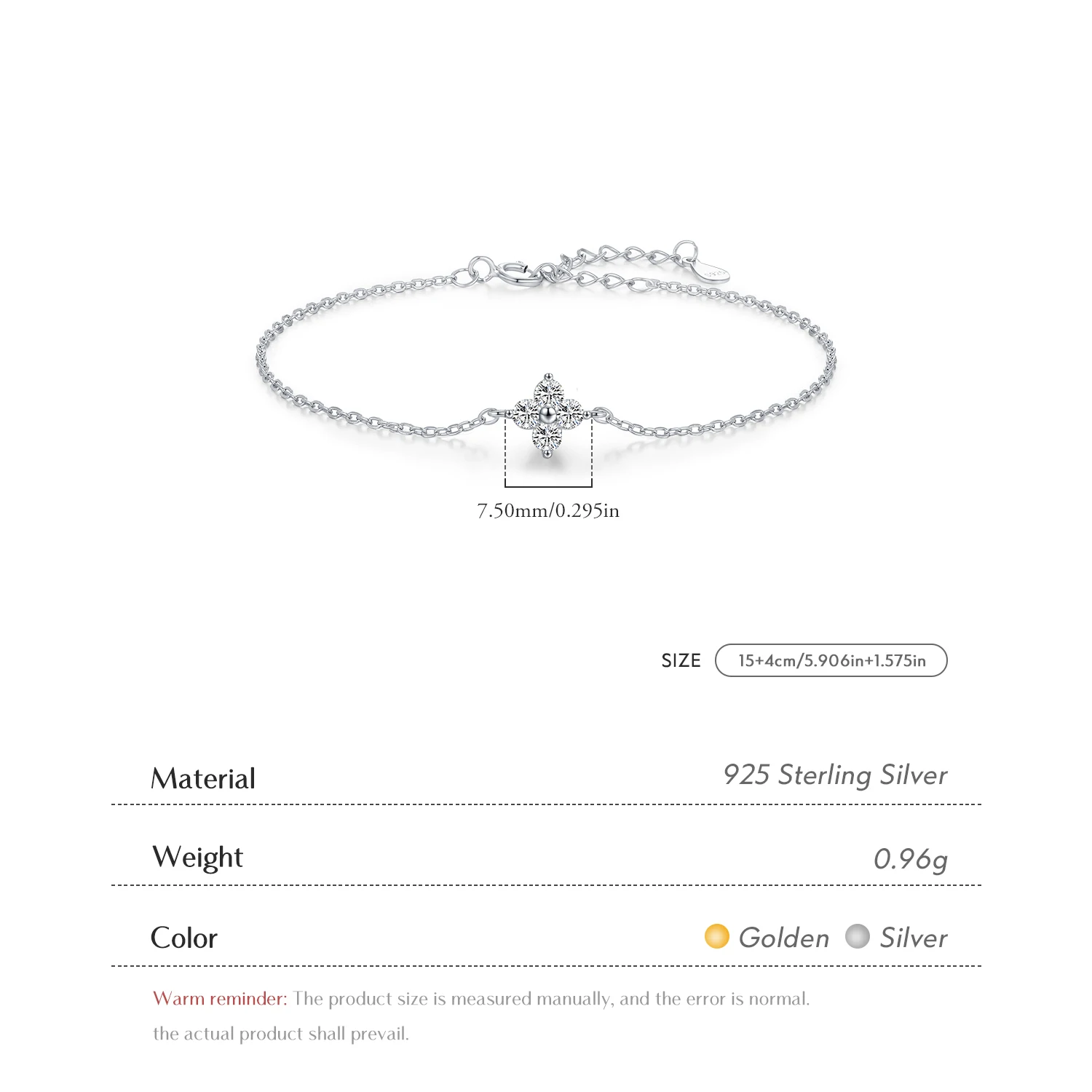 925 Sterling Silver Bracelet with Four Leaf Clover Zircon