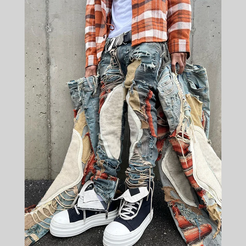 DiZNEW American street motorcycle spliced holes heavy worn embroidery men's jeans with hip hop loose straight leg stretch pants manufacture