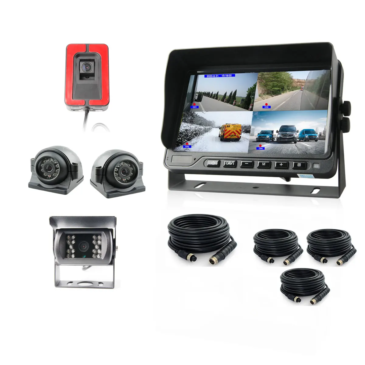 Cargo Van Truck Bus AHD 4CHs 1080P 7 Inch Split View LCD Monitor With SD Card Slot Built In DVR