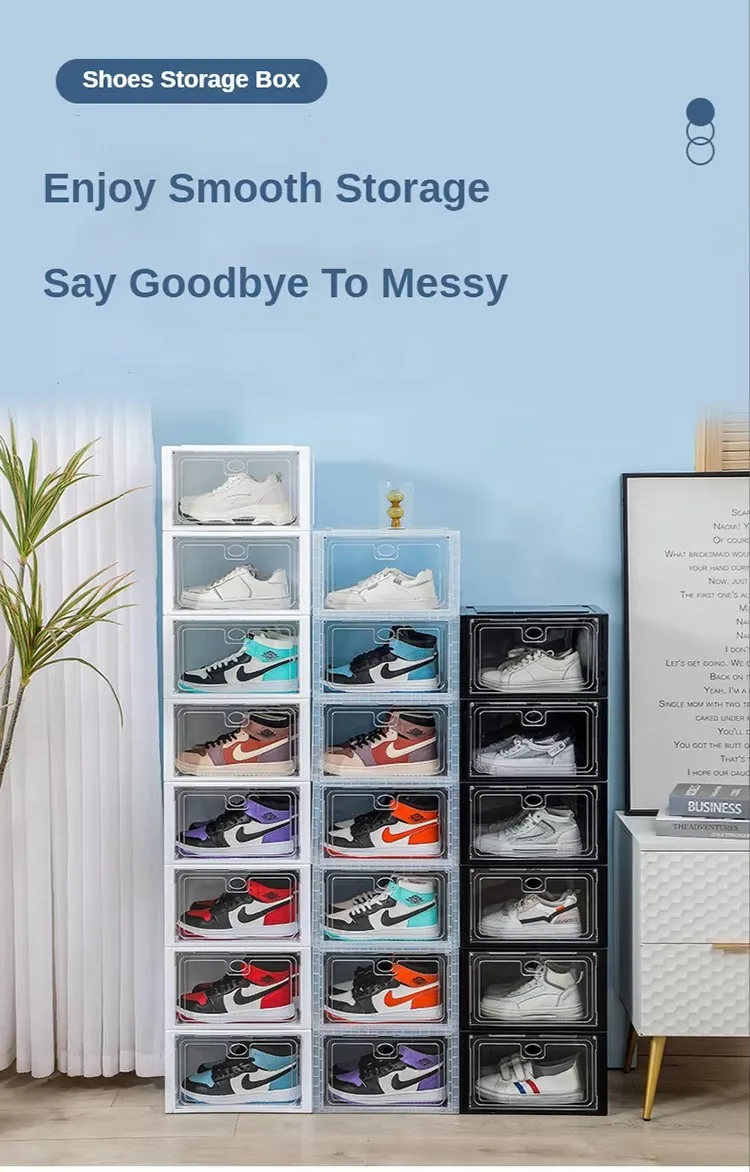 Factory Direct Transparent Stackable Shoe Storage Box Foldable Plastic Sneaker Crates with Drop Front Door for Shoe Organization details