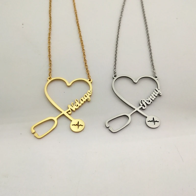 Stainless Steel Nurse Doctor Heartbeat Stethoscope Necklace Jewelry Custom  Name Letter Personalized Gold Plated Initial Necklace