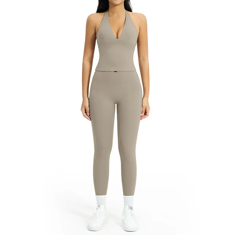 Brushed Solid Breathable Yoga Set V-neck Halter Neck Beautiful Back Tight-fitting 2-Piec preview