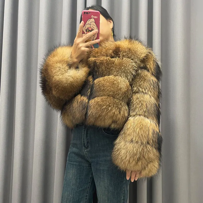 Winter Women's Warm Real Fur Coat Short Casual Long Sleeve Natural Color Raccoon Fur Coat_voghion.com