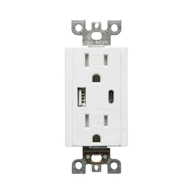 U&L Listed 15 Amp Decora Wall Mounted Type A and C USB Charger Tamper-Resistant Power Outlet in White