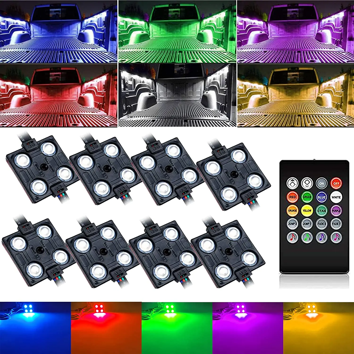 8Pcs RGB Truck Bed LED Light Kit,Waterproof Multi-Color 32 LED Pickup Cargo Rock Lighting Kits 9