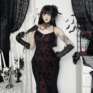 Oem Odm Gothic Velvet Printed Spaghetti Strap Dress Dark Retro Waist-Cinching Mermaid Maxi Dress Vampire Style