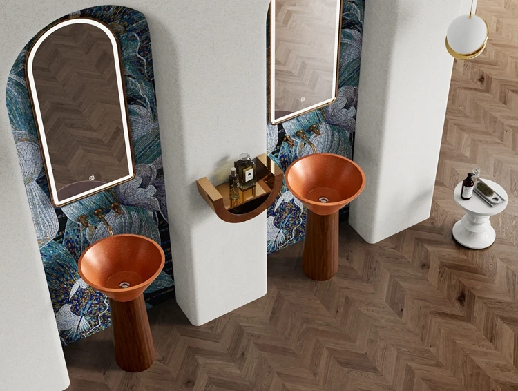 Orange Artificial Stone Wash Basin and Wood Grain Stainless Steel Pedestal Combination Freestanding Bathroom Wash Basin Sink