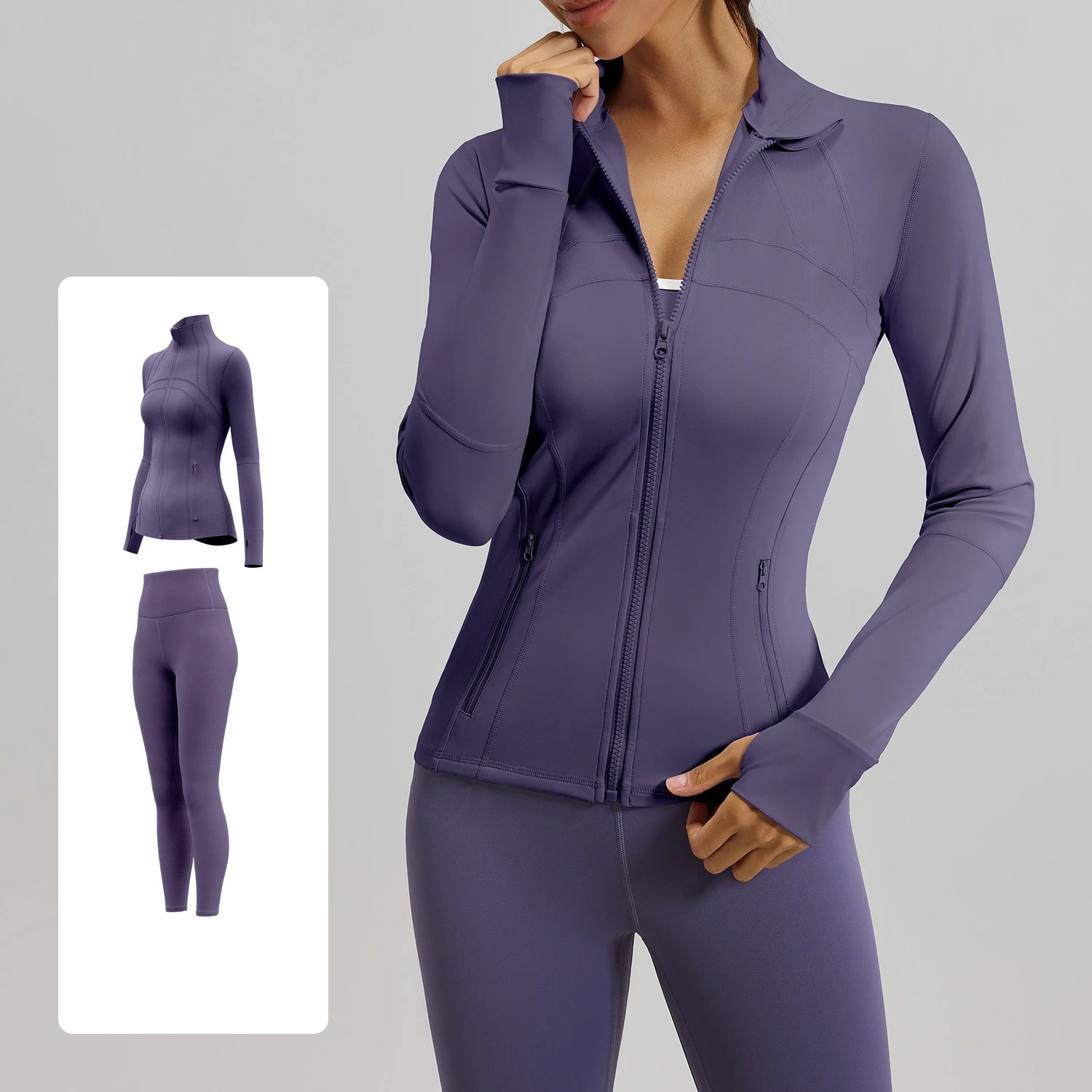 Hot Sale Factory Custom Active Wear Set High-Neck Jacket with Zipper Pockets High-Waisted Leggings Coats PantsYoga Set