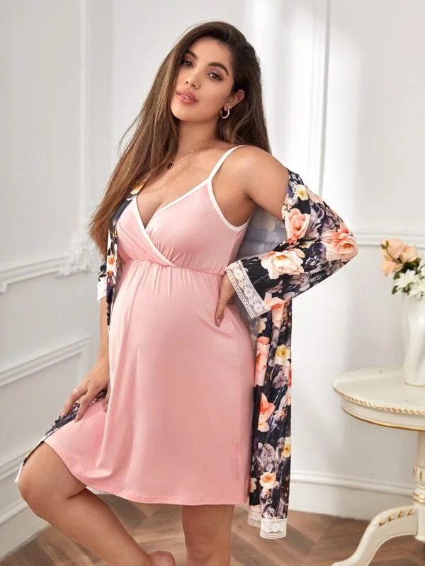Solid Maternity Dresses Clothing Lounge Wear Night Dresses for Woman  Nursing Robes Cami Nightgown With Maternity Robe