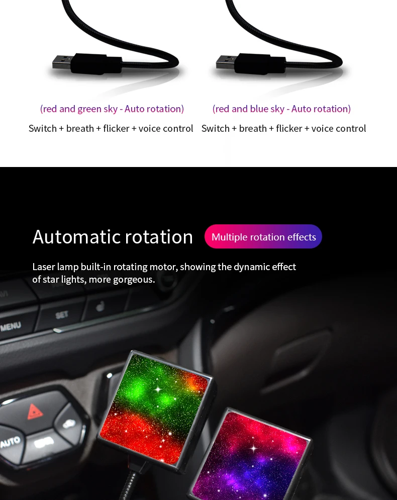 Car Interior Atmosphere Starry Laser Lamp USB Led Roof Car Star Night Light Projector Super Brightness Auto Starry Adornment