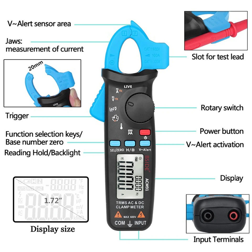 Bside ACM91 Auto Range AC DC uA Ohm Capacitance Temperature V-alert MEAS Digital Clamp Meter with True RMS FCC CE RoHS