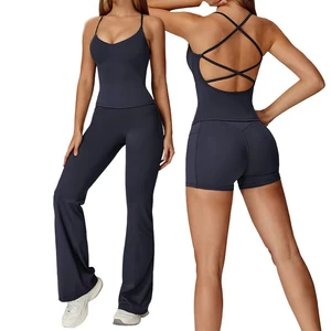 Custom Sportswear 3-Piece Active Set High Waist Flared Leggings Front Cross Back Sports Bra Four-Way Stretch Spandex/Nylon