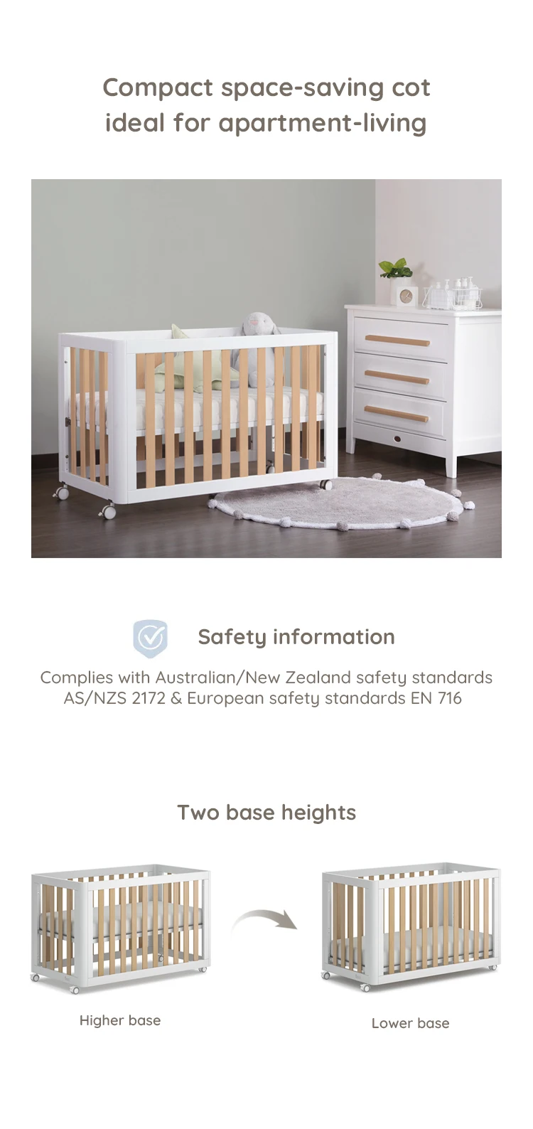 Boori Modern Nursery Furniture Wooden Height Adjustable Baby Cot With