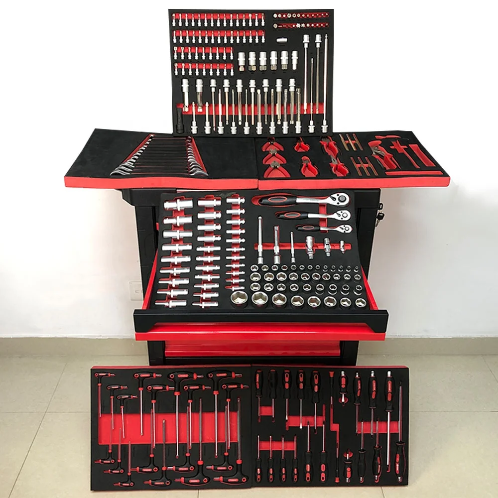 Hot Selling 250-Pcs Auto Tools Set Iron Werkzeug Outillage in Europe Hand-Powered Tool Trolley Cabinet OEM Customizable