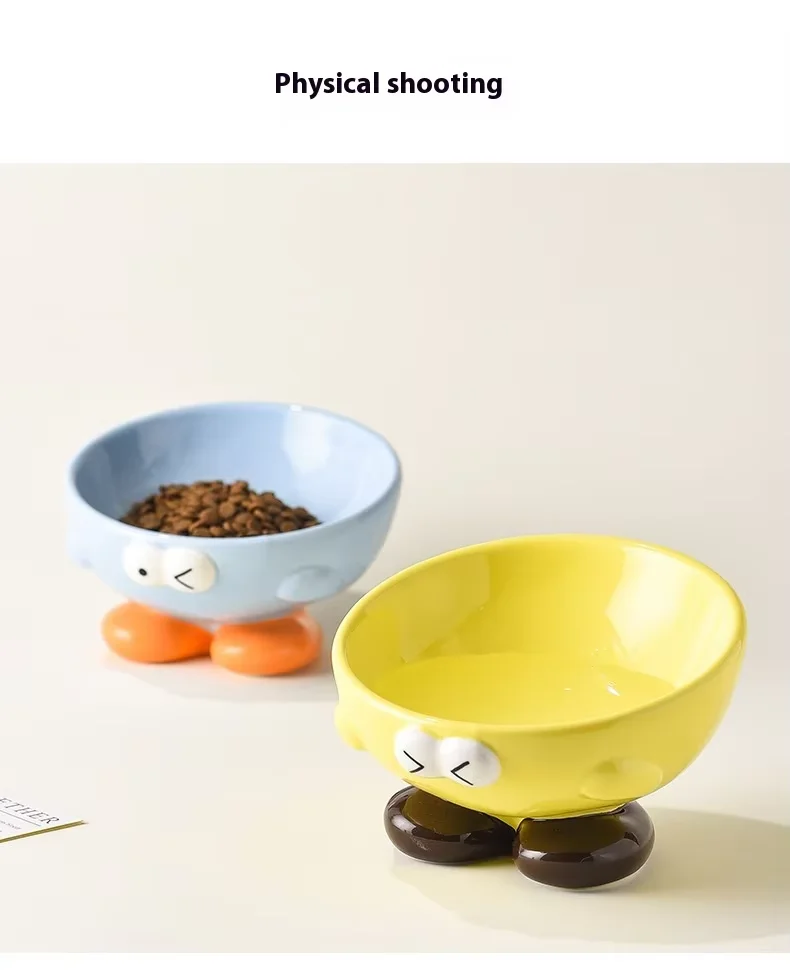Creative Cute Expression Eco-Friendly Tall Ceramic Pet Bowl Comfortable Rounded Cat/Dog Feeding Spine Protection Slant Solid factory