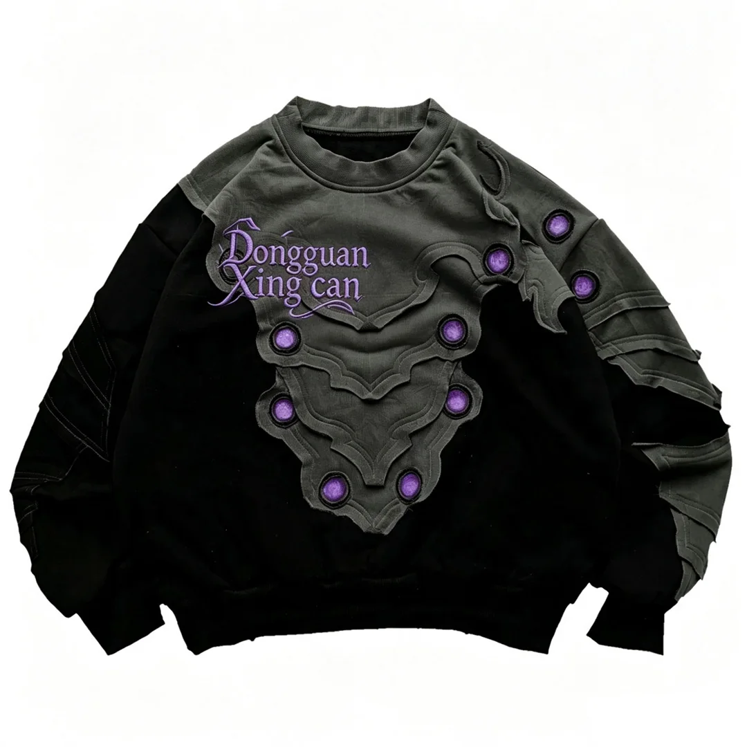 Straatklere Aangepas Mannes Crewneck-sweatshirt met borduurwerkstuk, 3D-verhefde borduurwerk, anime-karakterstukwerk, oorskiedende losse pasvorm, ODM
