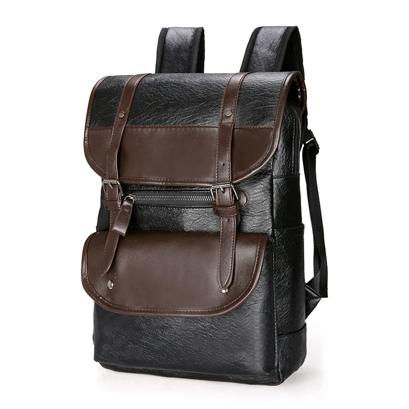 16.5-Inch Fashion PU Leather Laptop Backpack Men Retro Schoolbag Large Capacity Books Waterproof Mochilas Patchwork Teenagers