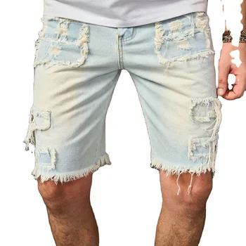 New Arrival Men's Mid Waist Denim Jorts Casual Straight Baggy Jeans with Ripped Patched Design High Street Style for Summer