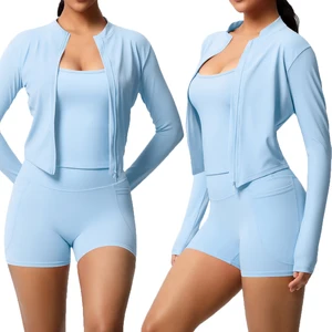 Wholesale Customized Sleeveless Vest Sports Shorts Set High Quality Yoga Clothing Zipper Cardigan Pocket Breathable Solid