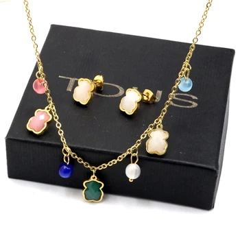 AFXSION Christmas hot jewelry bear necklace and earrings Stainless steel with Colorful Crystal 18K Gold Jewelry Set