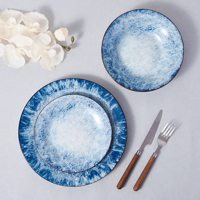 Eco-Friendly Ceramic Blue Plate Sets Classic Design Porcelain Utensils Wholesale for Home and Hotel Dinnerware