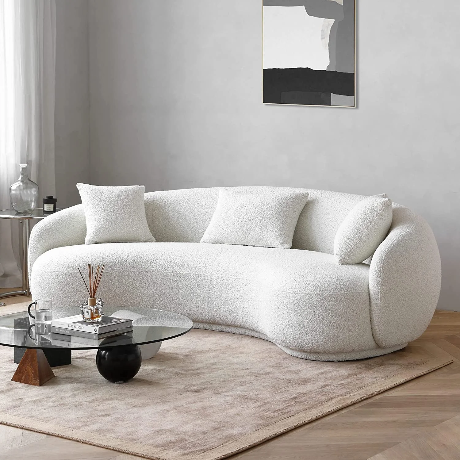 Custom Made 2 3 Dudukan Beige Cream Ivory Putih Set Sofa Bulat Berbahan Boucle untuk Ruang Tamu