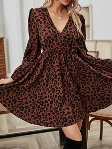Girls Women's Casual Mini Dress with V-Neck Long Sleeves Animal Print Elastic Waist Breathable Woven Design