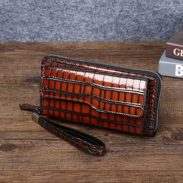 New Arrival Genuine Cowhide Crocodile Embossed Men's Phone Bag - Multi-Function Long Wallet, Business Casual Clutch