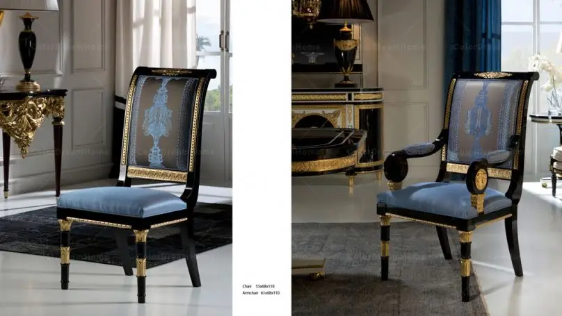 高級ヨーロッパイタリアンクラシックブルー無垢材アームチェア