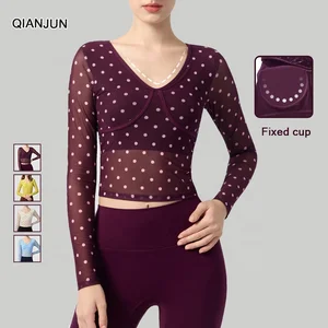 Women's Yoga Top with Breathable Long Sleeves, Slim Fit, Mesh, Supportive Breast Pads