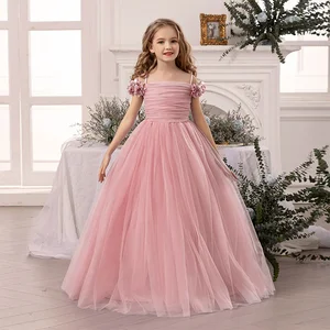 Formal Dinner Party Children's Elegant Solid Evening Dress Summer Off-the-Shoulder Beautiful Flower Girl's Long Dress