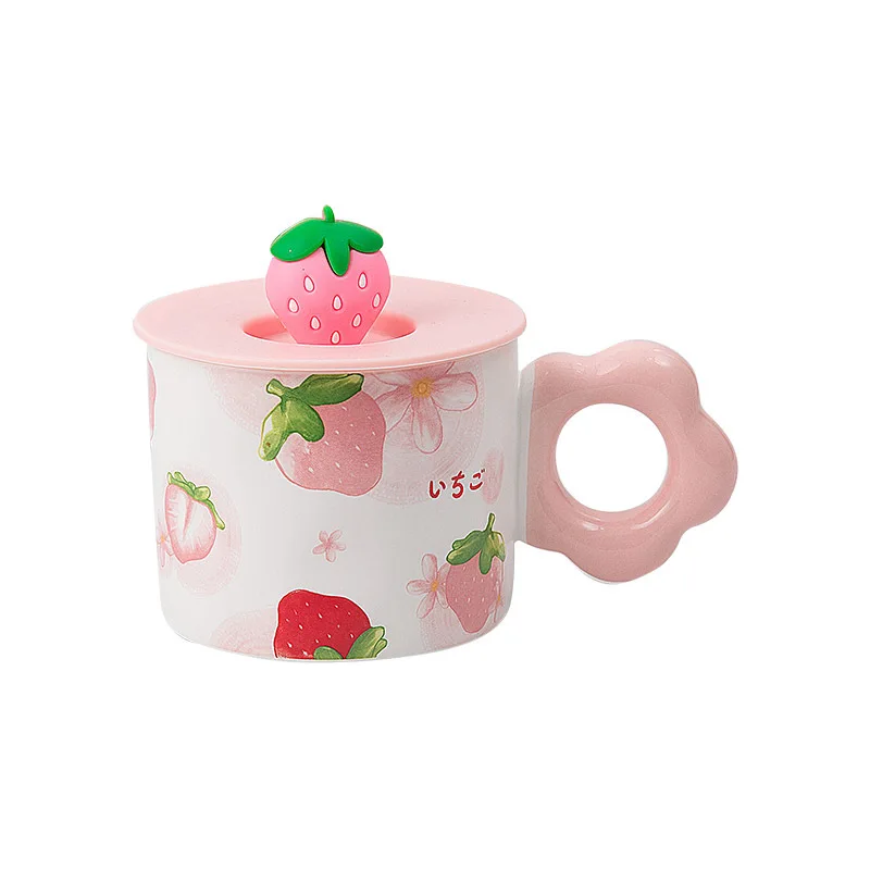 Korean-Style Cute Pink Strawberry Mug with Spoon Lid Large