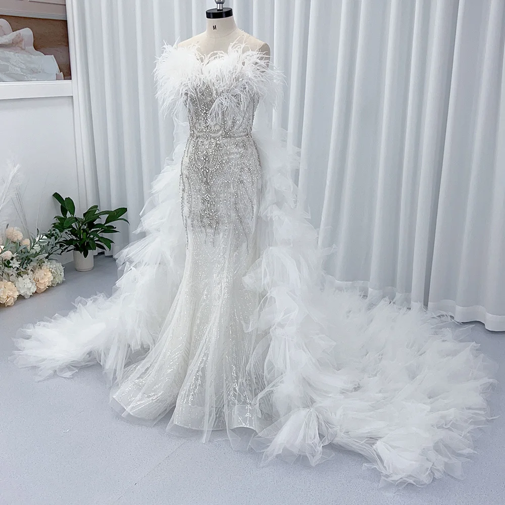 feather mermaid wedding dress Amazon.com: Mermaid Plus Size Bridal Gowns for Women Feather Crystal  Ruffles Skirt Wedding Dresses for Bride Ivory 2 : Clothing, Shoes & Jewelry