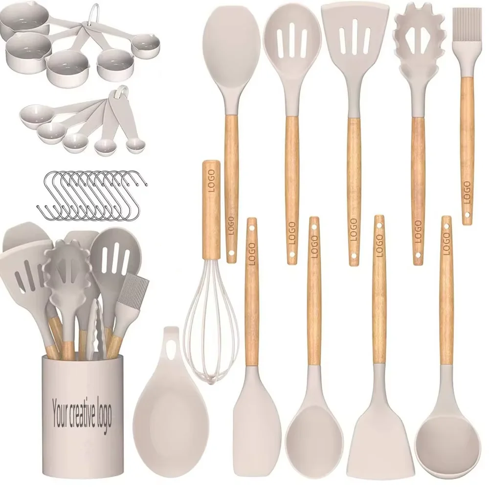Wholesale Kitchen Utensils Set with Wooden Handle Premium Wooden Handle Food Grade Silicone Kitchenware Set