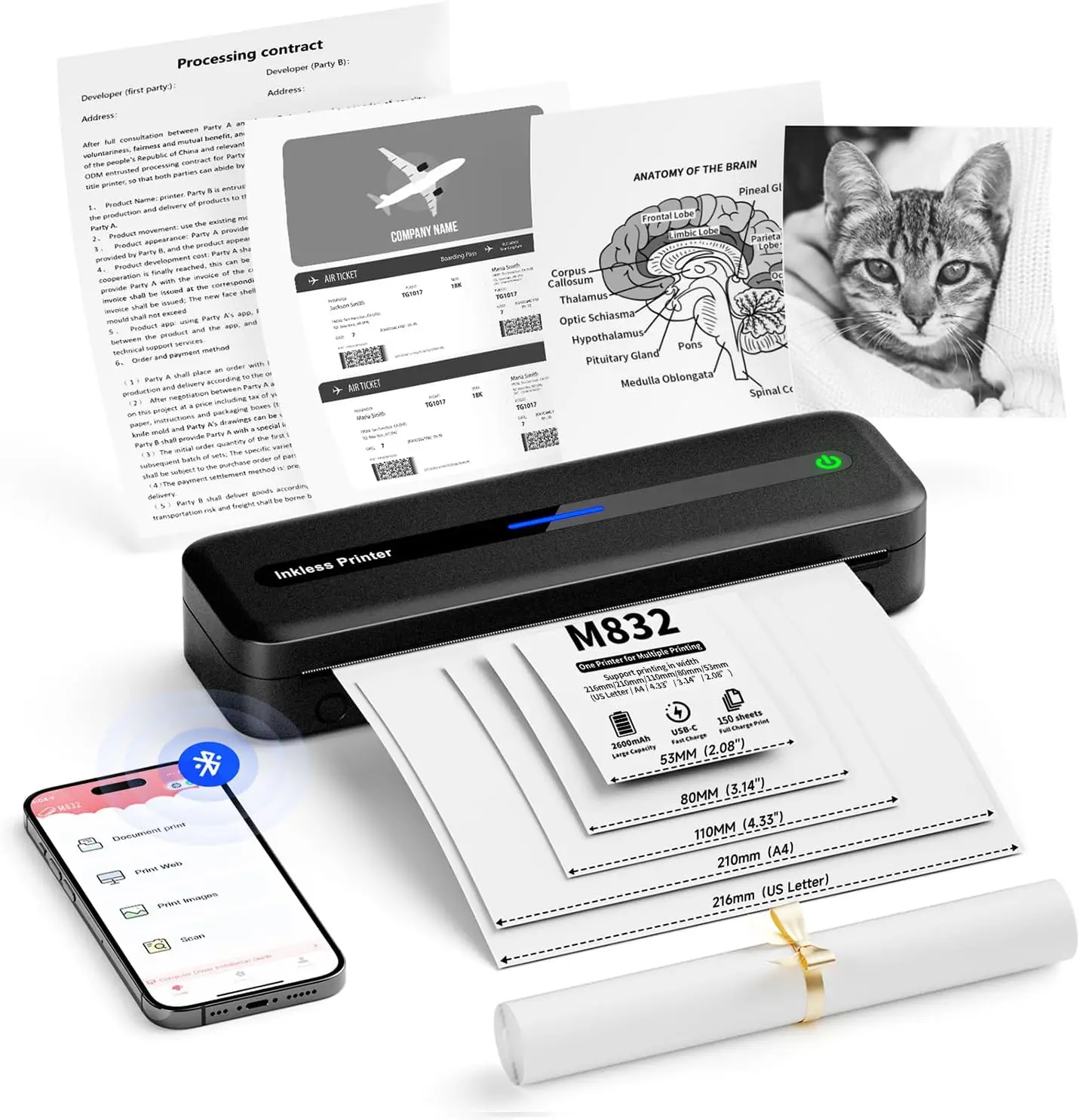 thumbnail interactive-video image 1 of Phomemo M834 Portable Thermal Printer - Wireless Bluetooth Inkless Printer For Travel & Office 1 of 3