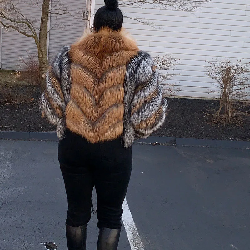 Plus Size Custom Fluffy Furry Collared Real Silver Red Fox Fur