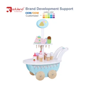 EDULAND Wooden Simulate Ice Cream Truck Toddler Dessert Cart Pretend Play Kitchen Toy Set for Kids Educational Toy