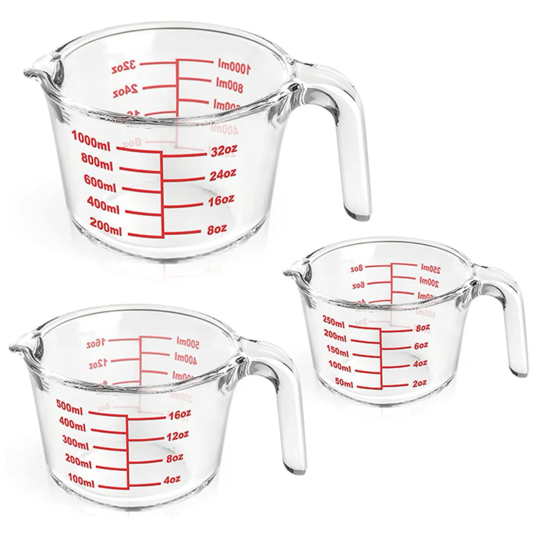 Heat Resistant Set Of 3 250ml 500ml 1000ml Coffee Measuring Glass Cup
