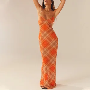 New Arrival All Over Digital Print Plaid Long Dress Women Evening Elegant Party Prom Dress Custom slip Lace up Backless Dress