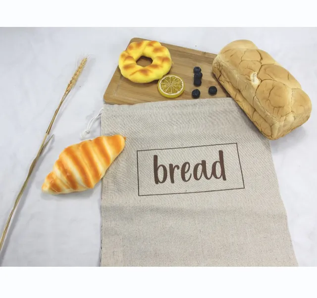Custom Embroidery Drawstring Bread Linen Bag Heavy-Duty and Natural for Farm House and Kitchen for Food Storage