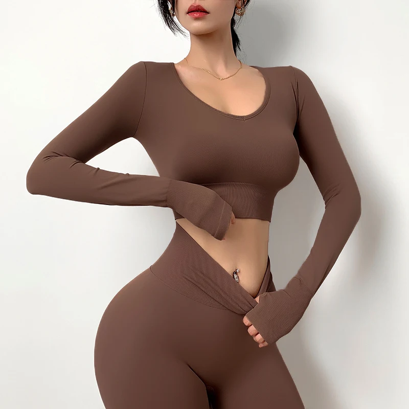Womens Workout Apparel Solid Color Long Sleeve Yoga Crop Tops Gym