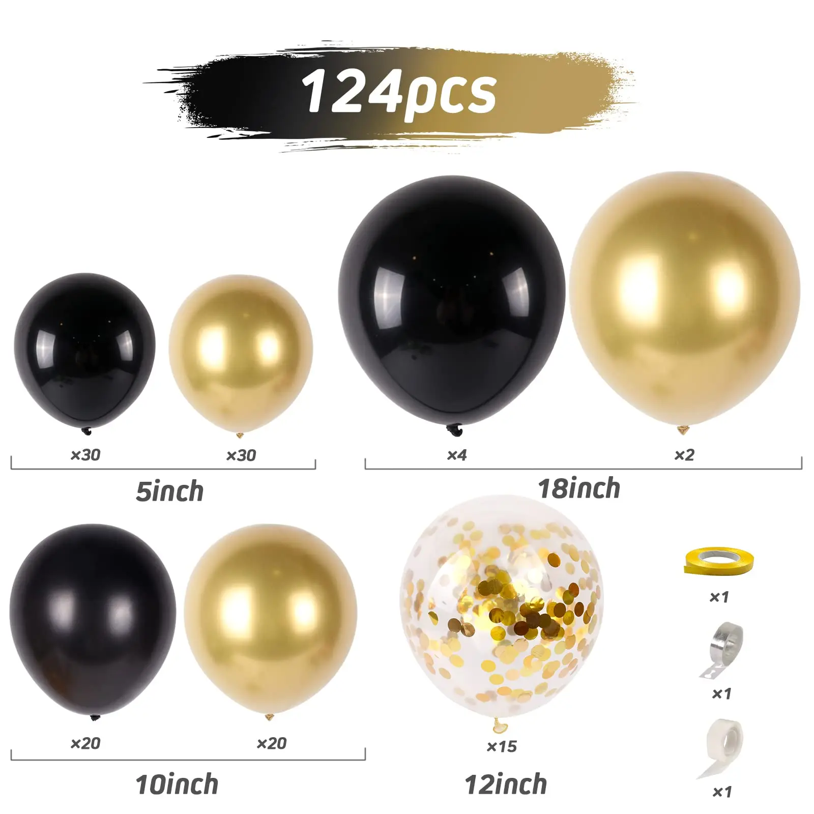 124pcs Black And Gold Balloon Arch Kit Birthday Party New Year Baby ...