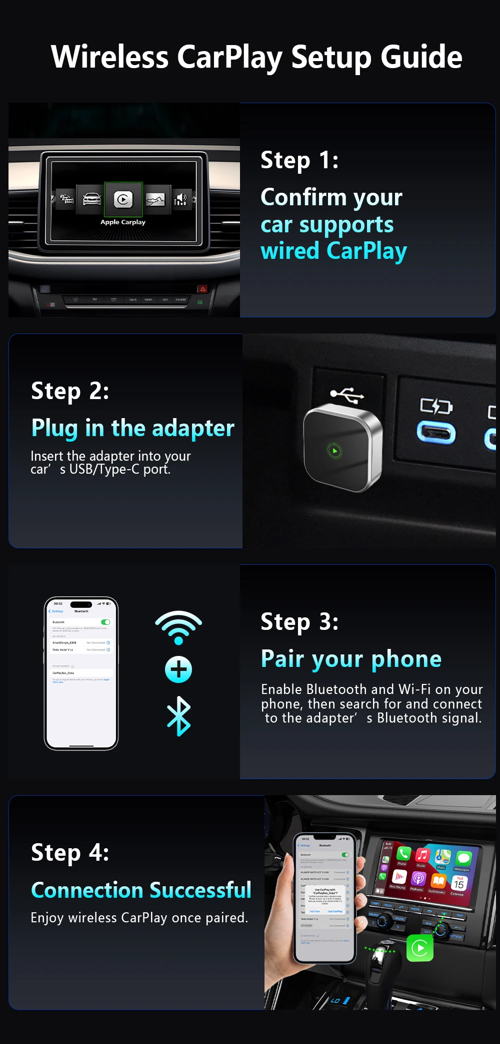 Automatic Connection Wireless CarPlay Adapter - 2 in 1 Plug and Play Smart Box for Cars